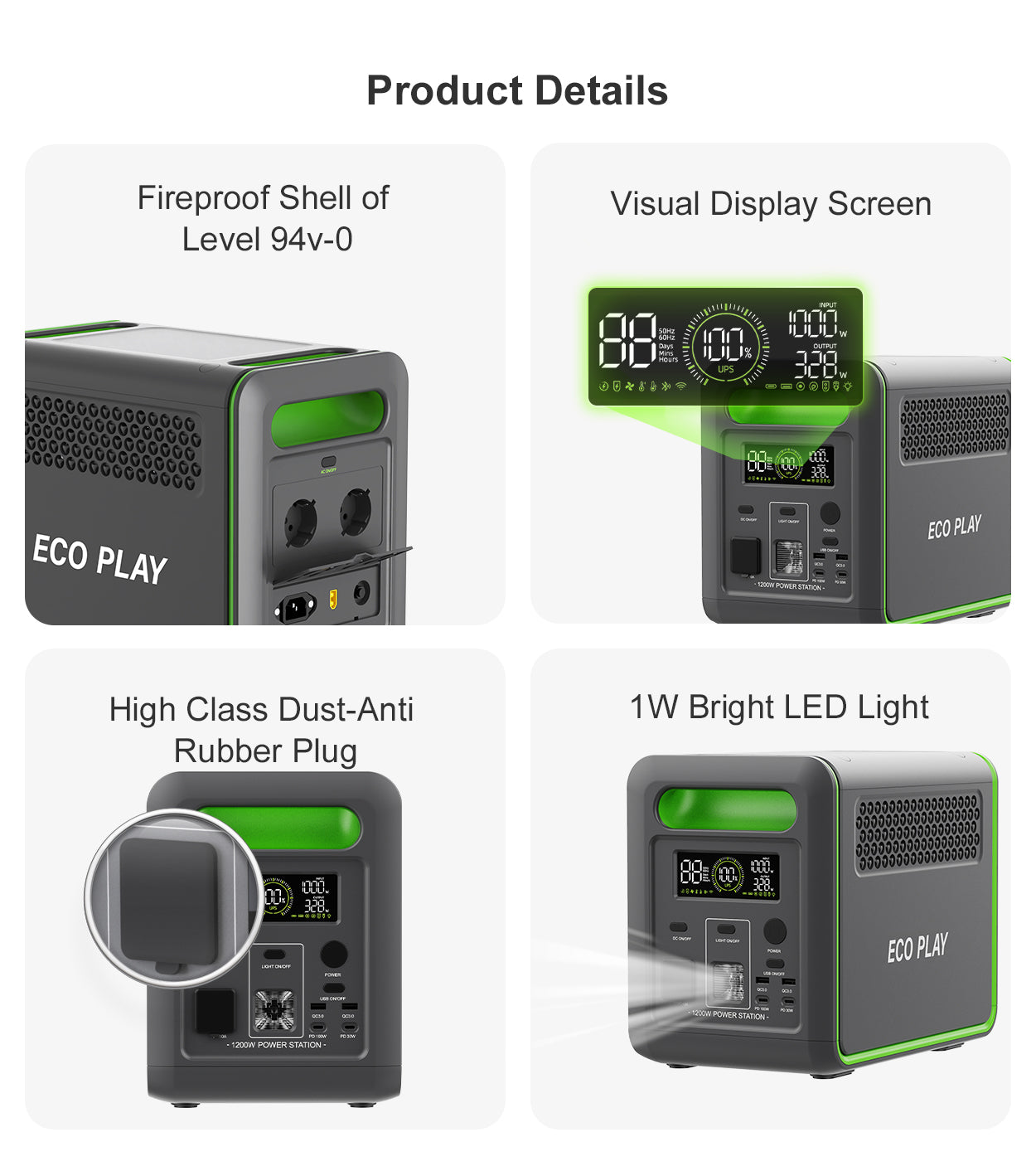 ECO PLAY N077 - 1200W Portable Power Station, Greenish Grey